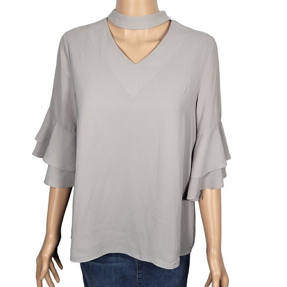 Aryeh Women's 3/4 Ruffle Sleeve Light Grey Choker Neck Detail Top Size S - Picture 1 of 10
